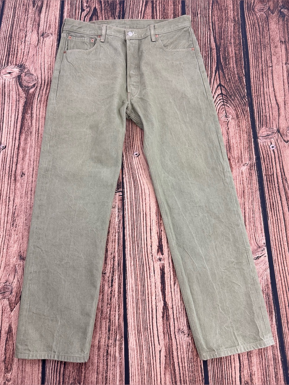 Men's Levi’s 501 Button Fly Olive Green Denim Jeans, Size 38x34